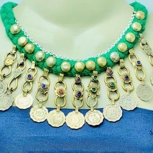 Green Choker Necklace, Vintage Coins Choker Necklace, Tribal Boho Necklace